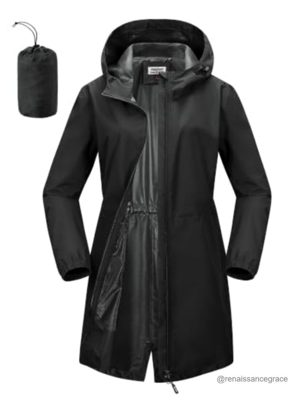 Women's Waterproof Long Rain Jacket Hooded Lightweight Packable Polyester